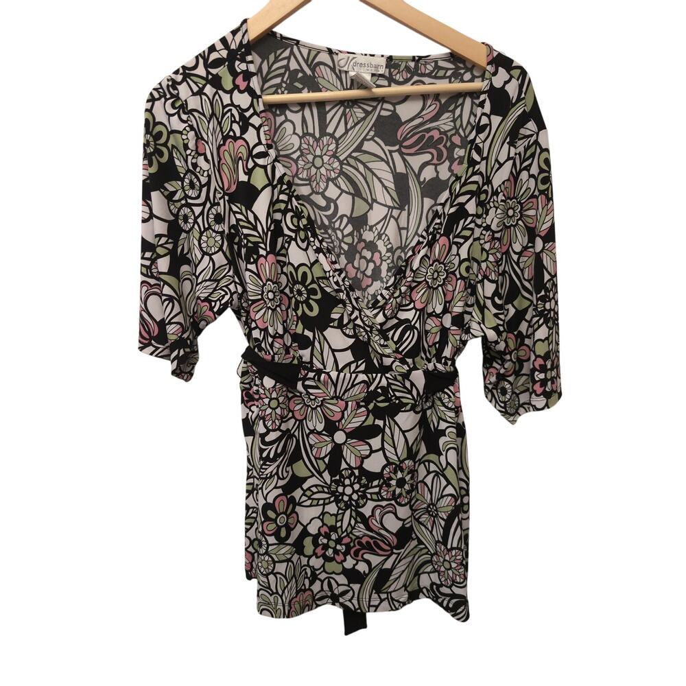 Vintage‎ Dressbarn Short Sleeve Blouse Top Floral Y2K Stretchy Work Office Black